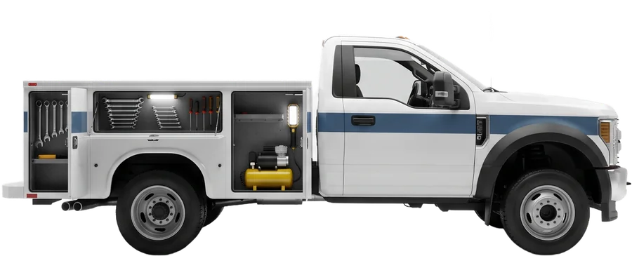 Mobile service truck with tool compartments open